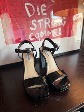 Steve Madden Black Patent Block Heel Sandals with Ankle Strap